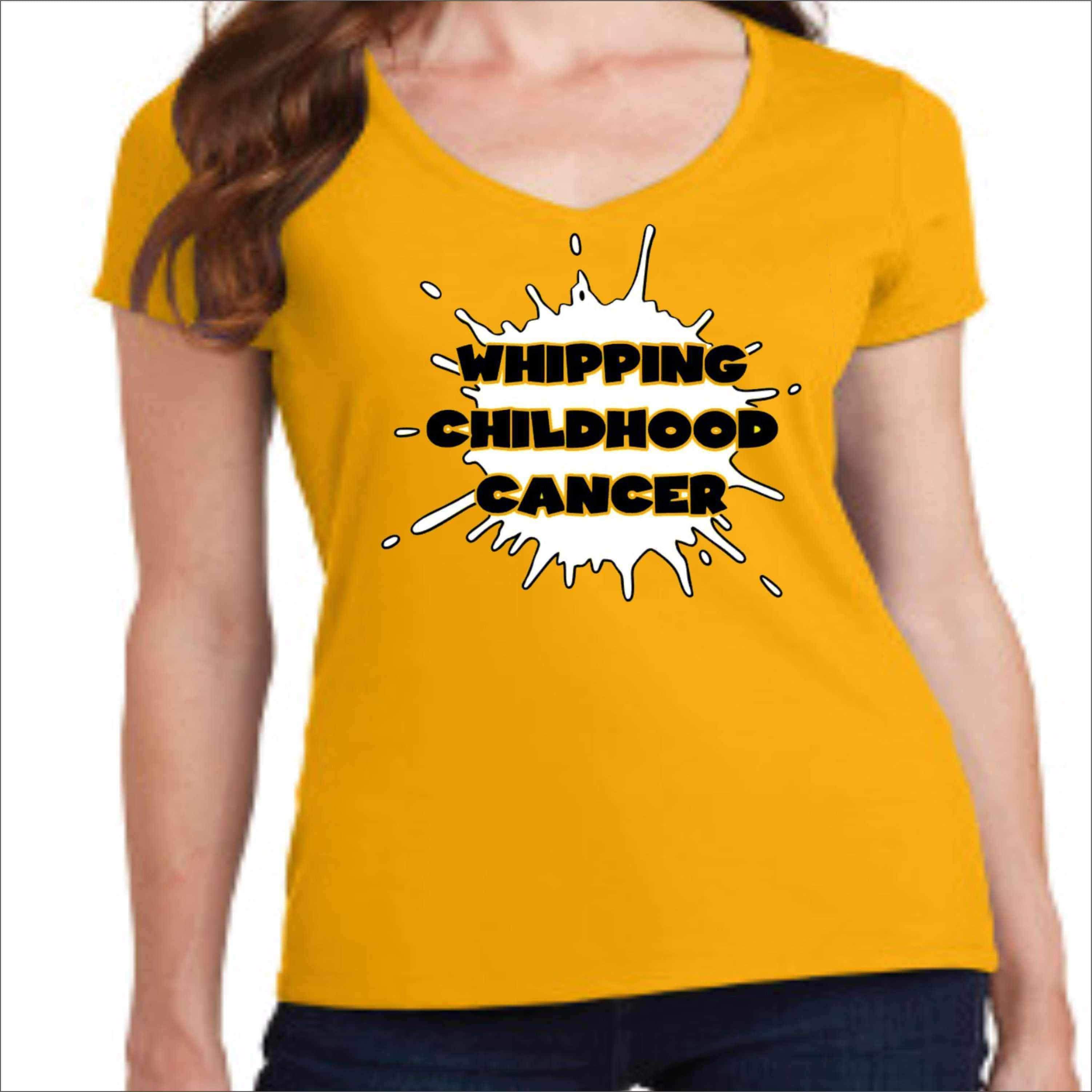 Whipping Childhood Cancer Short Sleeve V-Neck Screen Printed T-Shirt VIEW ALL DESIGNS Becky's Boutique Womens Extra-small Gold 