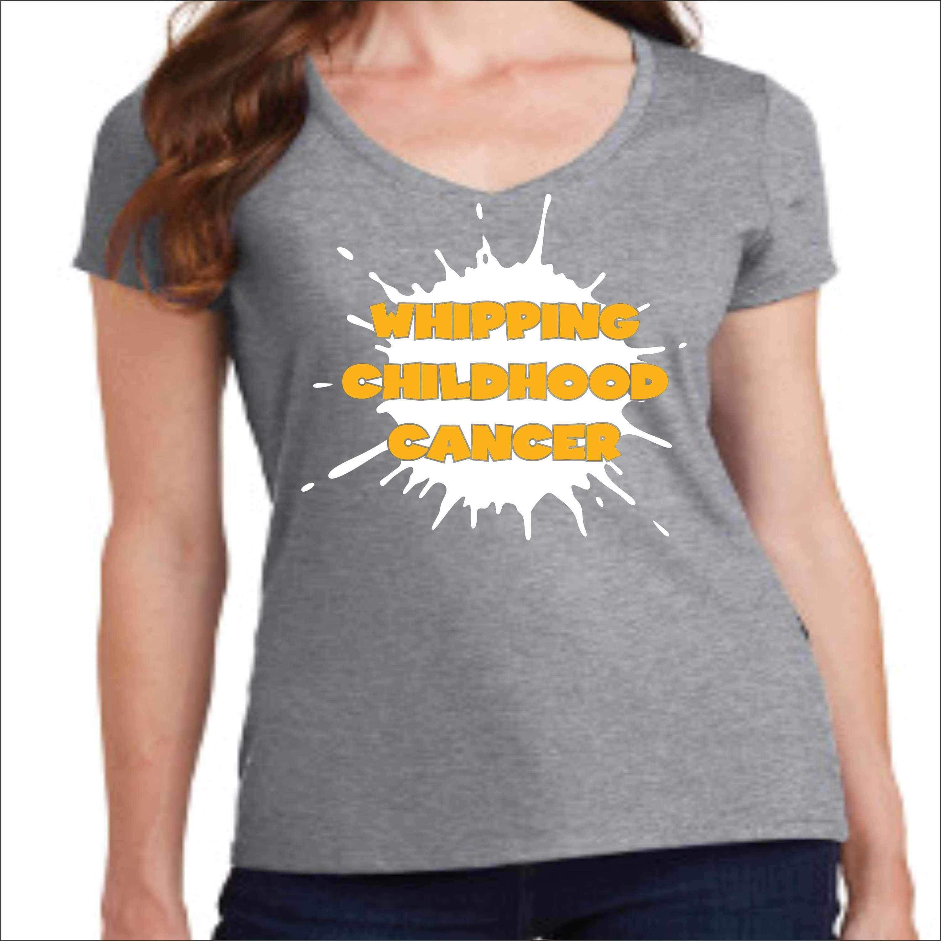 Whipping Childhood Cancer Short Sleeve V-Neck Screen Printed T-Shirt VIEW ALL DESIGNS Becky's Boutique Womens Extra-small Gray 