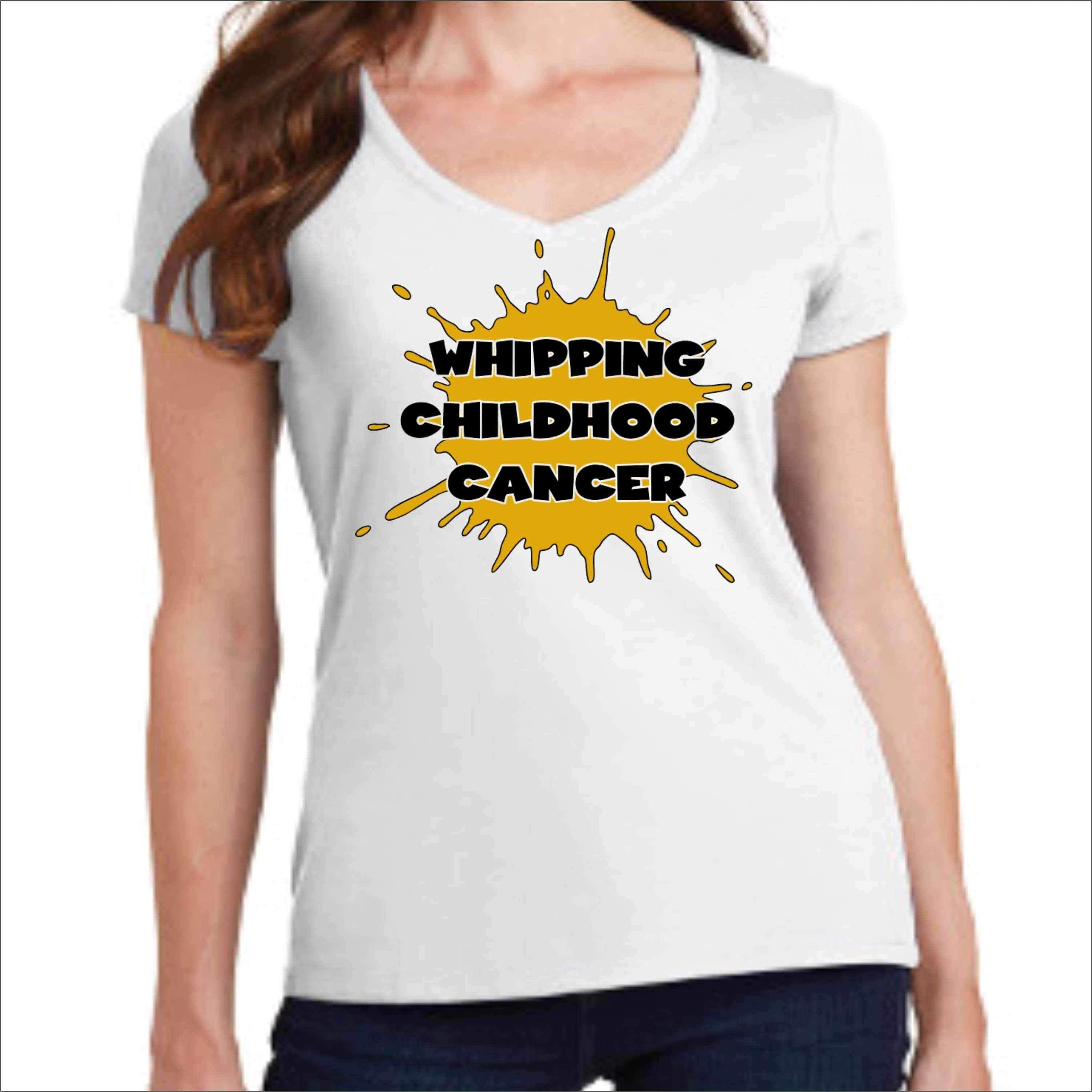 Whipping Childhood Cancer Short Sleeve V-Neck Screen Printed T-Shirt VIEW ALL DESIGNS Becky's Boutique Womens Extra-small White 