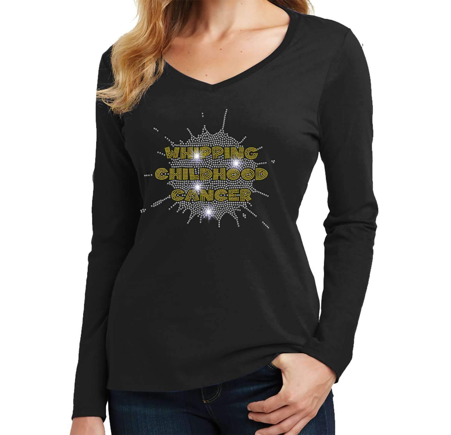 Whipping Childhood Cancer Spangle Rhinestone Bling- Womens Long Sleeve V-Neck Shirt VIEW ALL DESIGNS Becky's Boutique Extra Small 