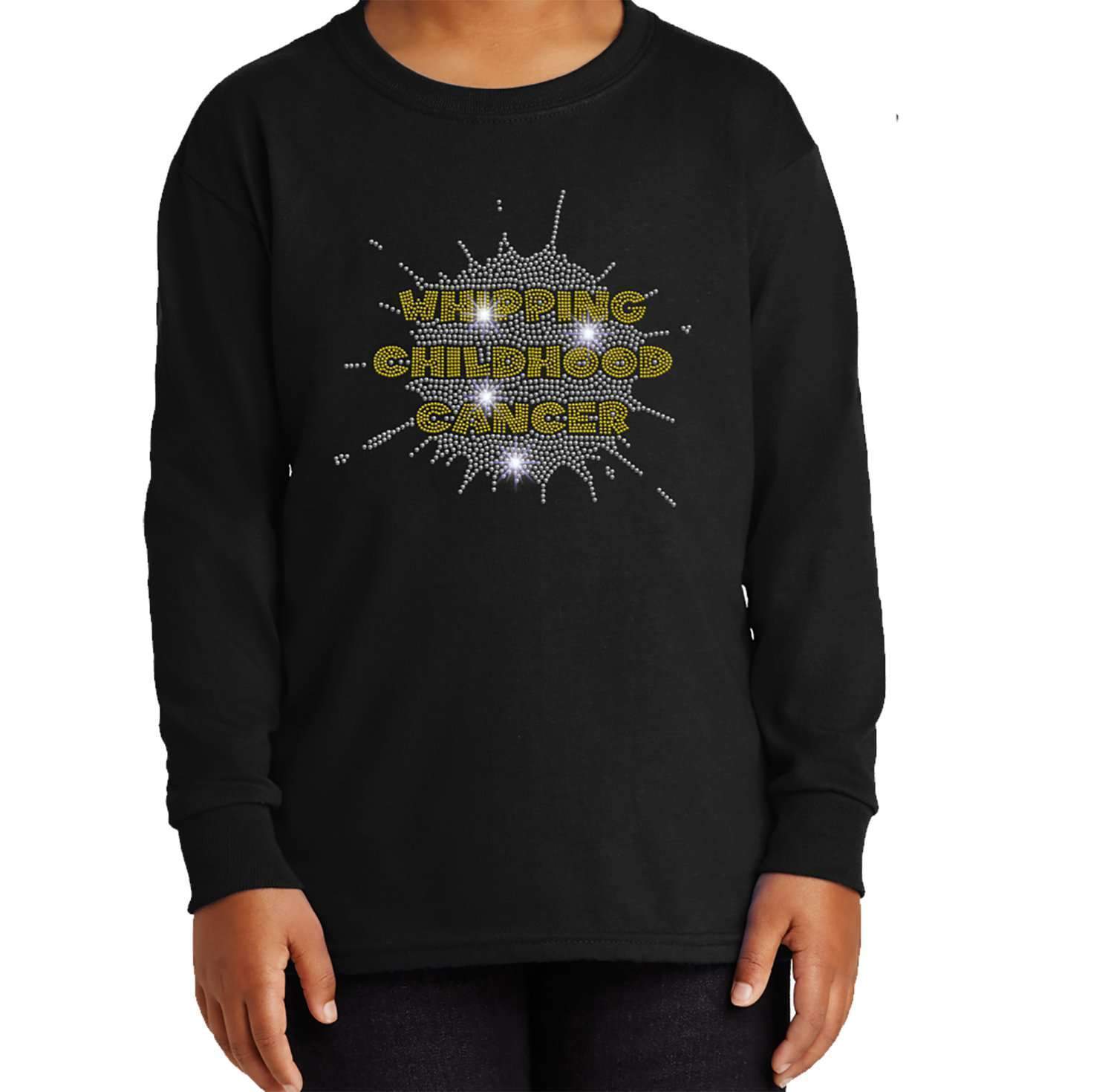 Whipping Childhood Cancer Spangle Rhinestone Bling Youth Crew Neck Sweatshirt VIEW ALL DESIGNS Becky's Boutique Youth Extra-Small Bling 