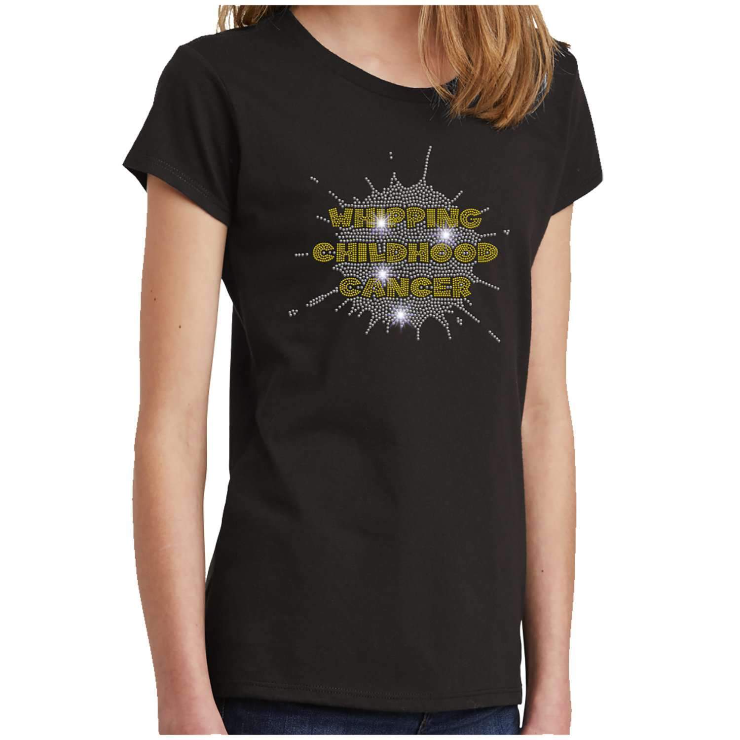 Whipping Childhood Cancer Spangle Rhinestone Bling Youth Short Sleeve Shirt VIEW ALL DESIGNS Becky's Boutique Youth Extra-Small Bling 