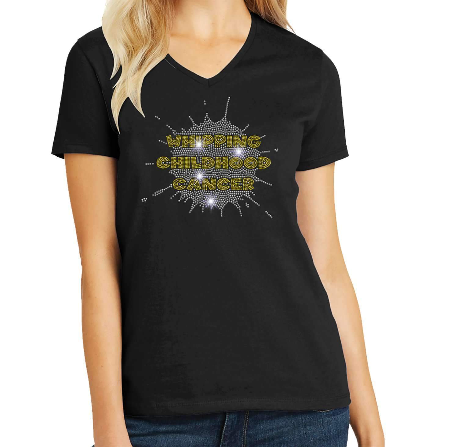 Whipping Childhood Cancer Spangle Rhinestone Bling- Womens Short Sleeve V-Neck Shirt VIEW ALL DESIGNS Becky's Boutique Extra Small 