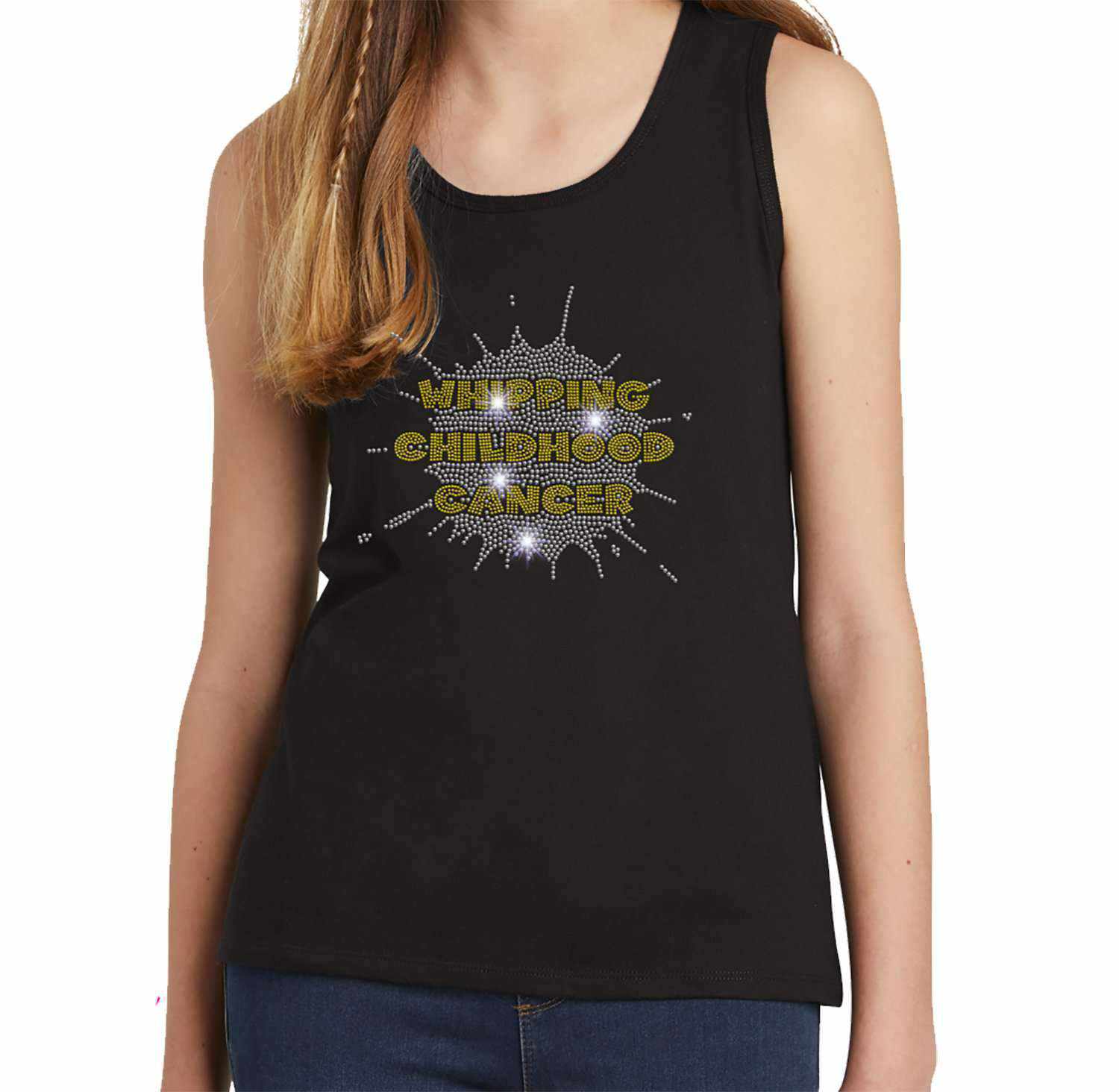 Whipping Childhood Cancer Spangle Rhinestone Bling Youth Tank VIEW ALL DESIGNS Becky's Boutique Large Bling 